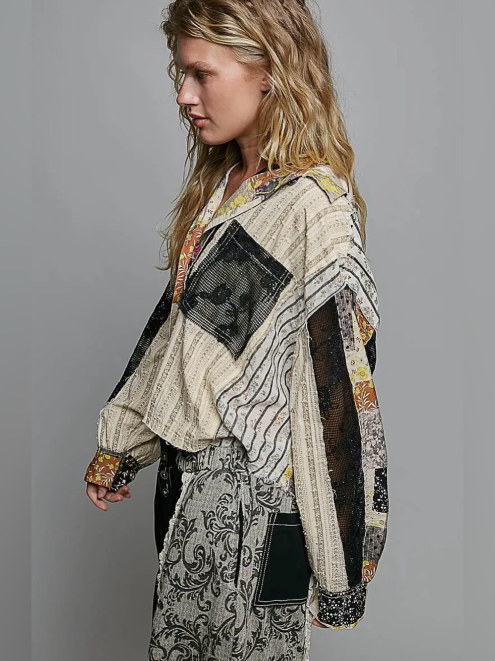 NEW Pol Patchwork Crochet Button-Front Cropped Jacket Shirt - Picture 3 of 6